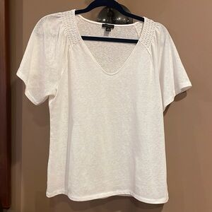 Ann Taylor Factory V-Neck White Top Smocked Detail on Shoulders- Medium